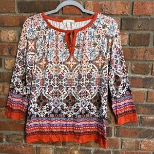 Westport 1962 womens 3/4 sleeve multi print tie neck peasant blouse orange